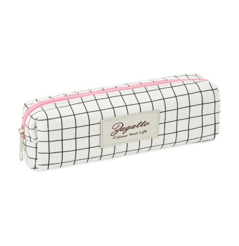 White pencil case with pink zippers in black check ZG714 - thumbnail