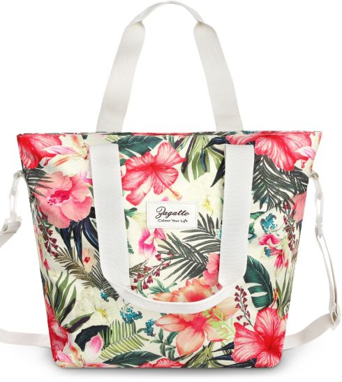 Geantă de umăr damă bej cu model floral "Marsilia", poliester, Zagatto