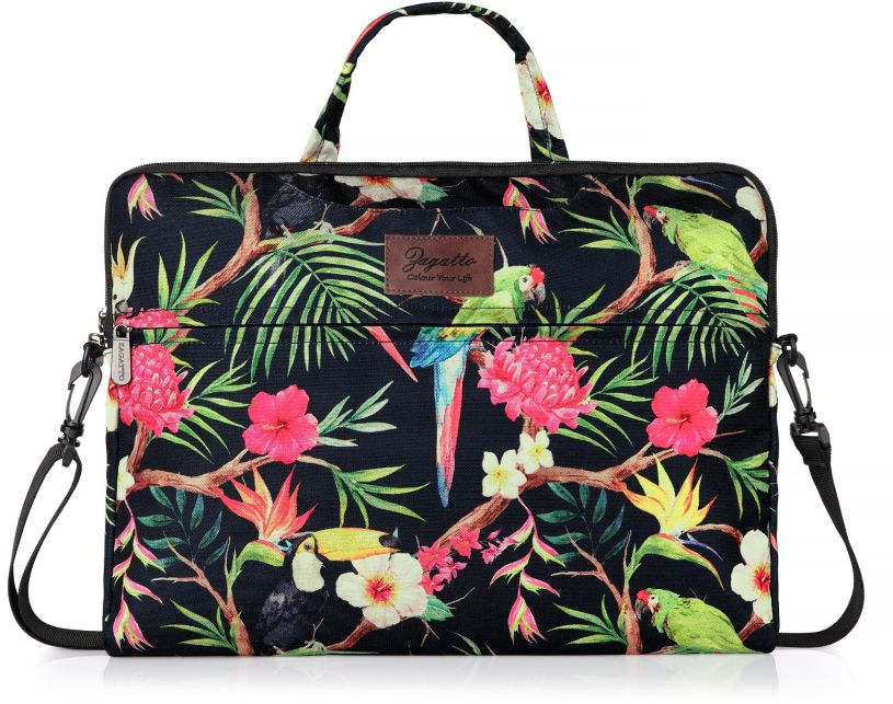 Geantă neagră pentru laptop de 15,6 inci cu flori și papagali Rio, poliester și nylon, Zagatto