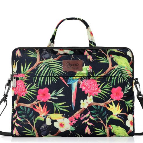 Geantă neagră pentru laptop de 15,6 inci cu flori și papagali Rio, poliester și nylon, Zagatto