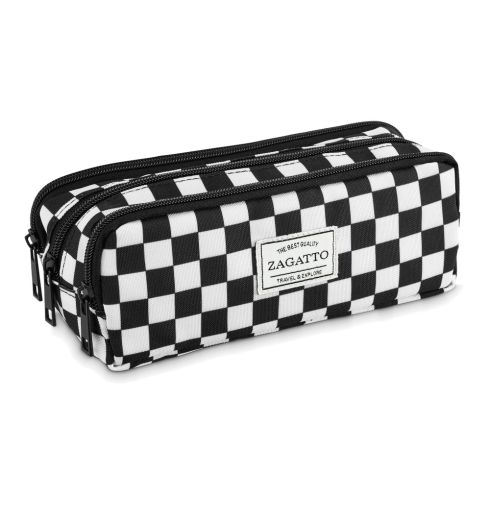 Three-chamber school pencil case in black and white checkered / checkerboard ZG723 - thumbnail